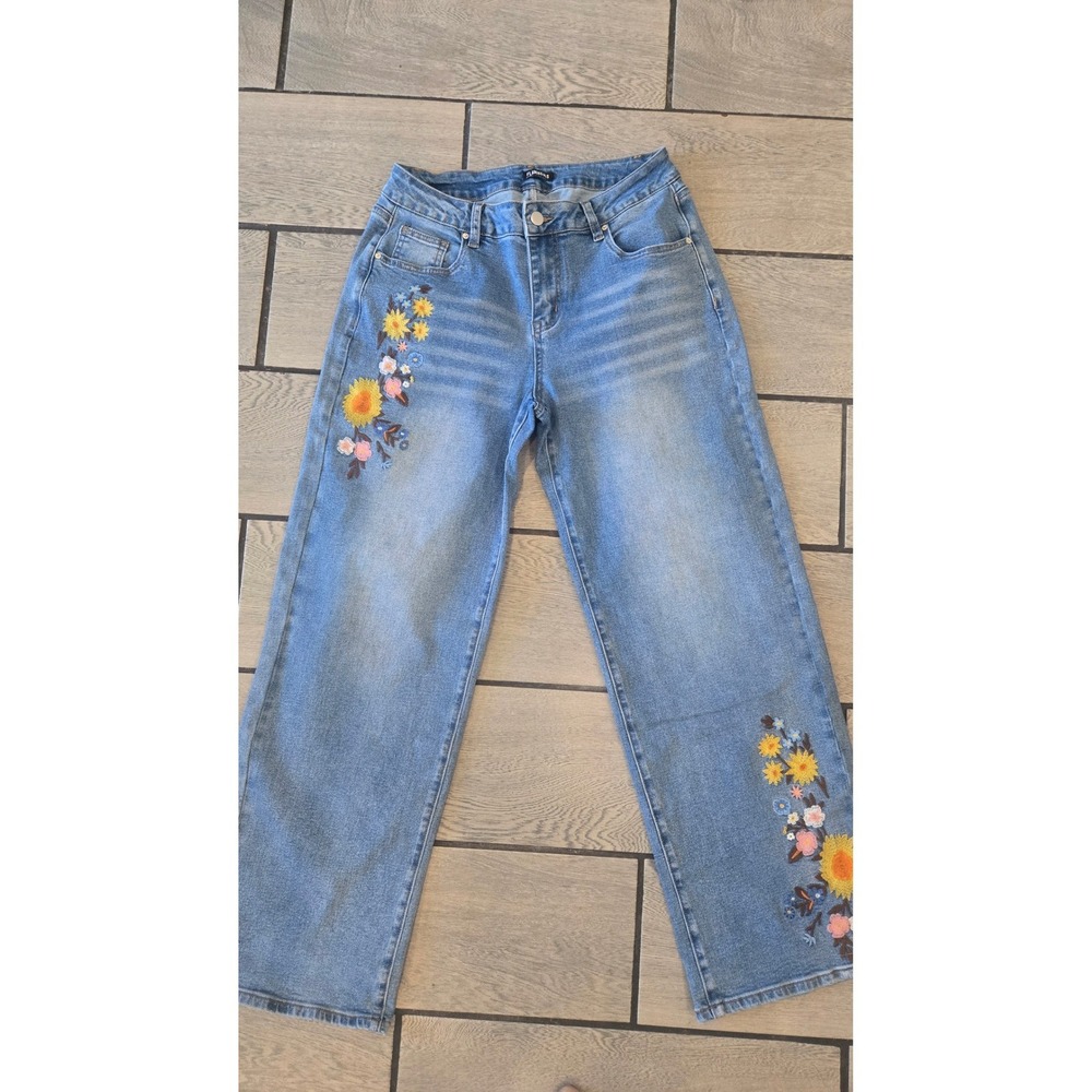 Flamingals Floral Embroidered Wide Leg Jeans Light Wash Denim Boho Size M